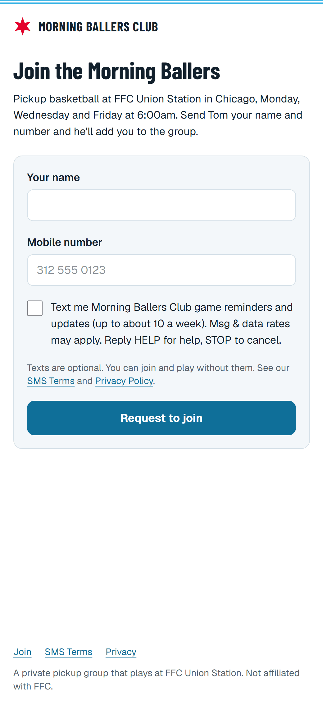 Morning Ballers Club join form with name and mobile number fields and an unchecked box reading: Text me Morning Ballers Club game reminders and updates (up to about 10 a week). Msg & data rates may apply. Reply HELP for help, STOP to cancel.